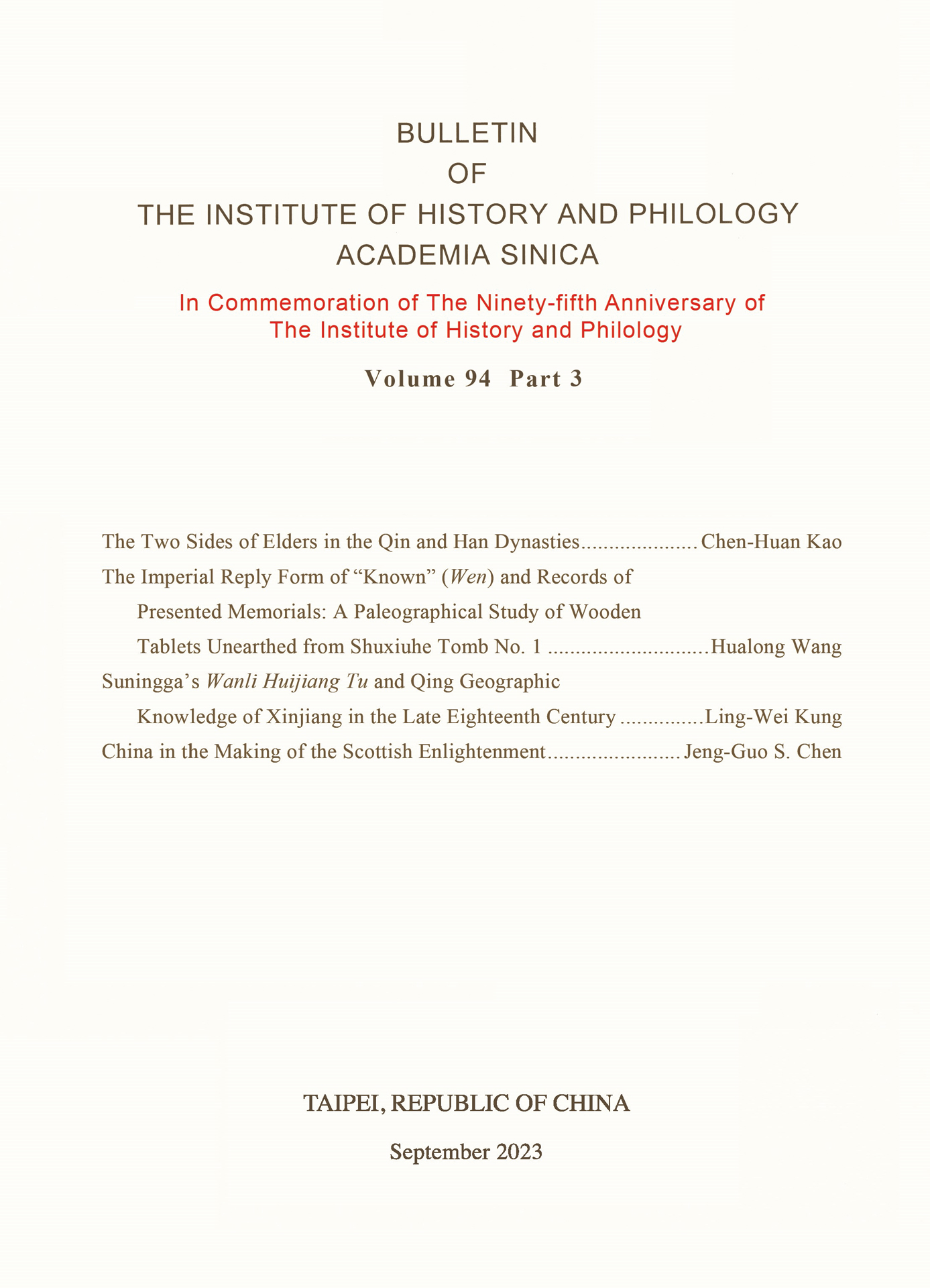 Bulletin of the Institute of History and Philology, Academia Sinica, Volume 94 Part 3 is now available online